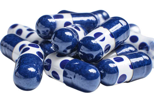Close-up of blue and white capsules