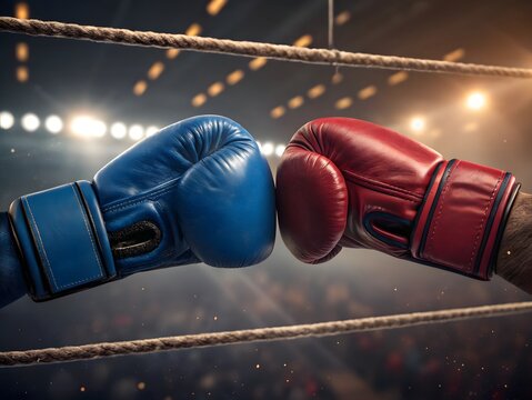 Boxing match professional fight gloves red versus blue competition sport combat arena ring - Powered by Adobe