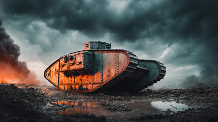Obraz premium Vintage Military Tank Combat War Vehicle Landscape Armored Soldier Explosion Smoke Clouds Darkness Destruction Rusty Metal Battle Wreckage Historical Artillery Cannon Terrain Battlefield Warfare 