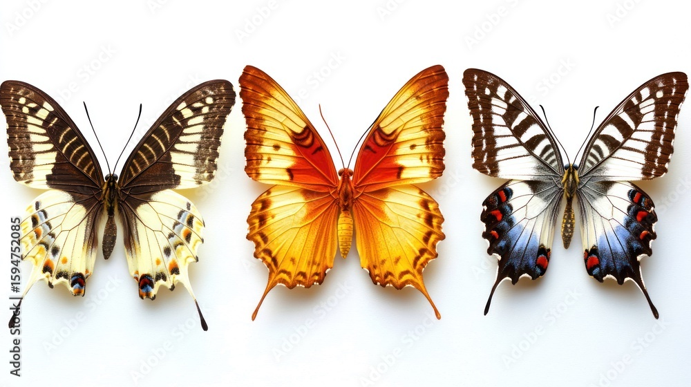 Poster four butterflies with different wing patterns on a white background.