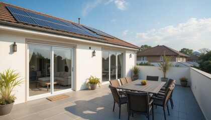 Modern Rooftop Patio with Solar Panels and Dining Set