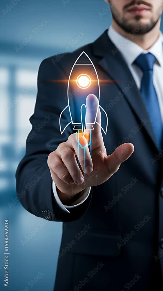 Poster startup launch by a suited businessman using a rocket illustration as a metaphor for innovative begi
