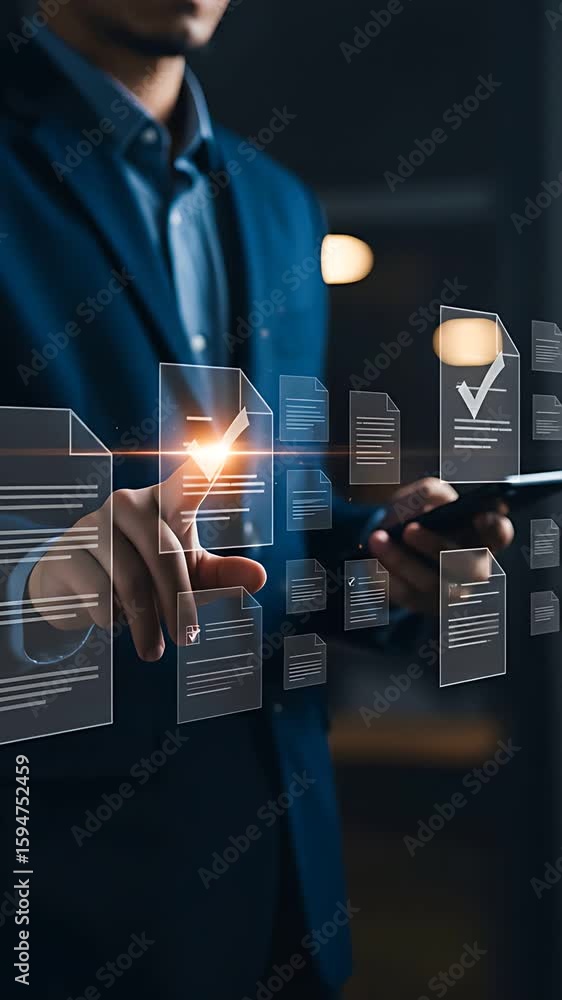 Poster digital document management: man in suit reviewing approved documents with interactive checkmarks.