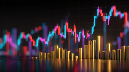 3D Rendered Financial Chart with Rising Trends and Bar Graphs