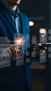 Digital Document Management: Man in suit reviewing approved documents with interactive checkmarks.