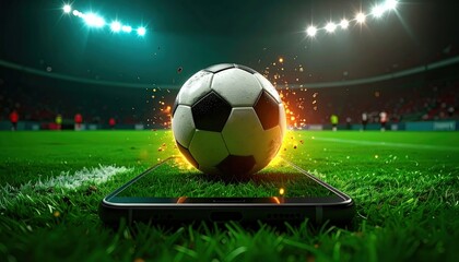 Naklejka premium Football Action on Mobile: Experience the Game Anywhere, around the football a white glow is coming from behind