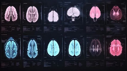 collage visuals of various presentation measures brain waves of different frequencies within the brain scenes 