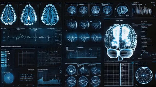 collage visuals of various presentation measures brain waves of different frequencies within the brain scenes 