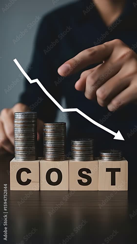 Poster cost reduction concept: a person pointing to falling cost indicated by diminishing coin stacks and d