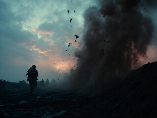 Fototapeta premium Soldier Explosion Smoke War Battle Action Military Combat Tension Danger Landscape Dusk Sky Gritty Destruction Fire Heroic Struggle Courage Conflict Bravery Darkness Shadows Terrain Mud Chaos Victory 