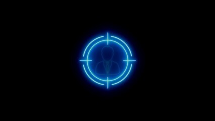 A neon glowing target with a business person icon focused on a black background