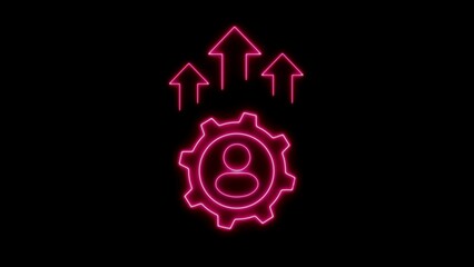 Glowing neon gear with human symbol and rising arrows representing growth and progress