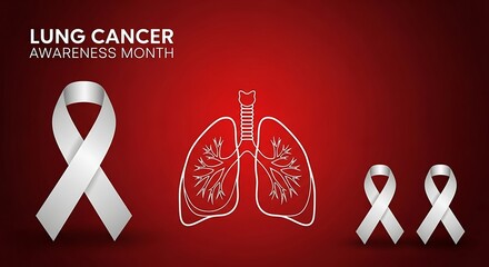 Deep red backdrop with delicate white lung outline ribbons symbolizing lung cancer awareness month a call for action and