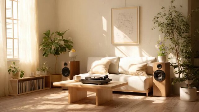 minimal room, cup coffee on caffee table ,bright natural light