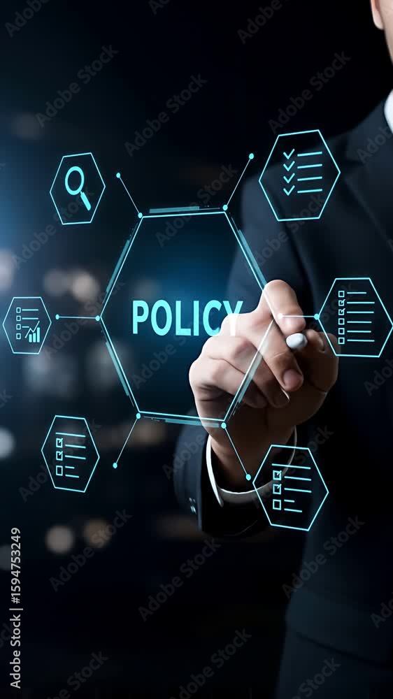 Poster policy strategy concept, a man in a suit interacts with a futuristic interface displaying checks, se