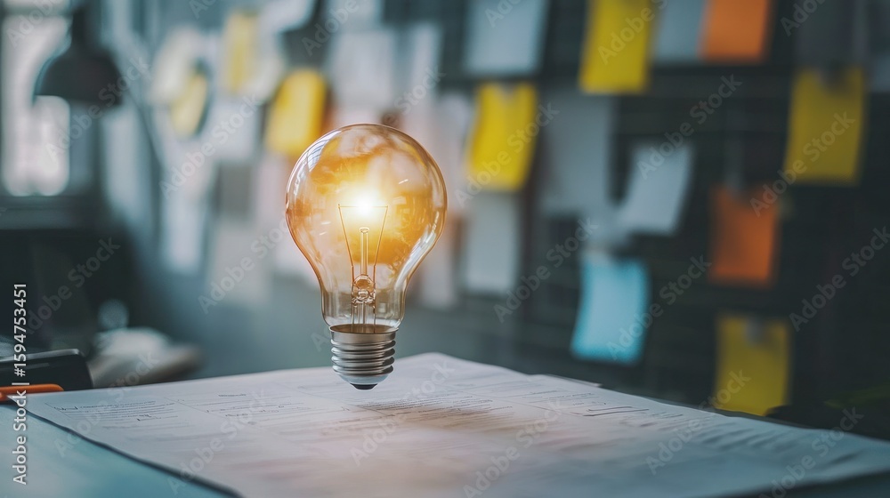 Poster a light bulb with a glowing filament on a desk with a document and a pen.