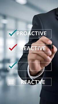 Proactive business decisions: Businessman strategically chooses being proactive over reactive in business management and leadership