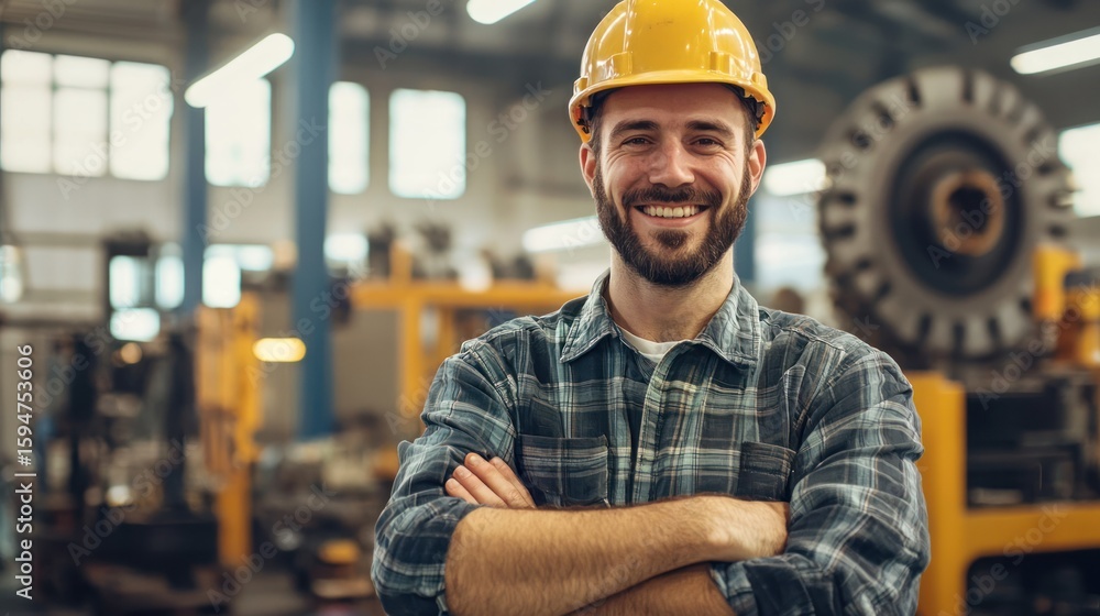 Poster a smiling man in a hard hat standing in a factory with machinery in the background.