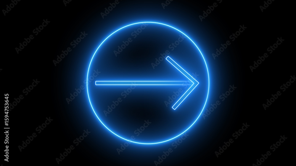 Poster bright blue neon arrow icon inside circular frame dark background simple right arrowhead glowing cir