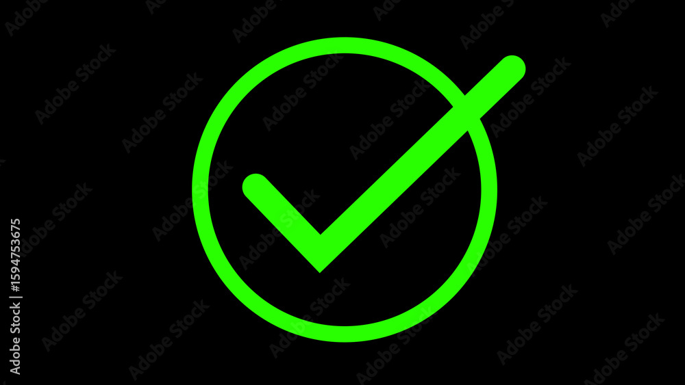 Poster bright green check mark icon inside a lime green circle on black background simple approval symbol c