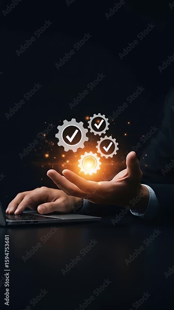 Poster business process automation: man using laptop with digital gears symbolizing efficient solutions.