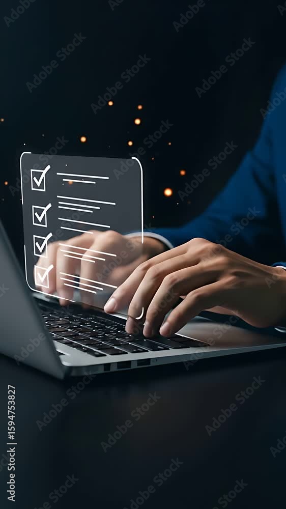 Poster task management online: professional checks tasks off digital checklist on laptop for productivity b