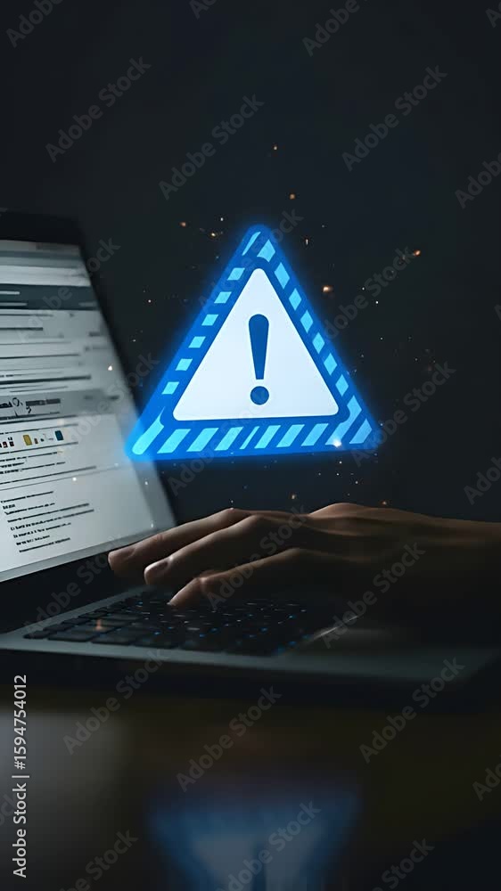 Poster data breach alert: security vulnerability warning displayed as an exclamation mark above a person ty