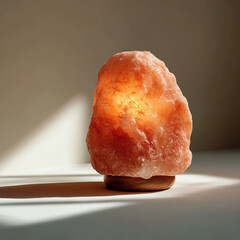 Pink Himalayan salt lamp on wooden base with shadow