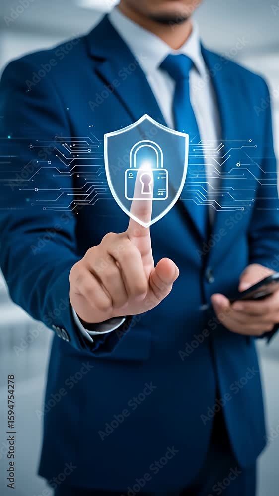 Poster cybersecurity: business professional secures digital data with touch activation on a glowing padlock