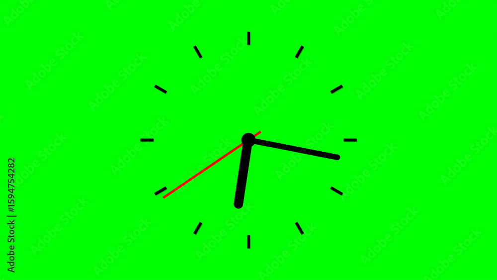 Poster simple black clock face red second hand green background minimalist time twenty eight seconds image