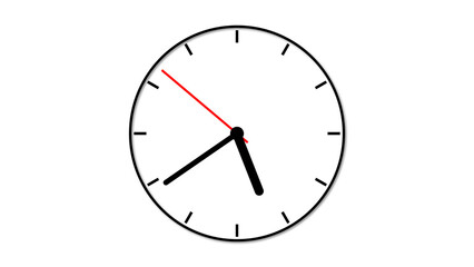 Simple Black and Red Analog Clock Showing Five Fifteen Against White Background Minimalist Timepiece