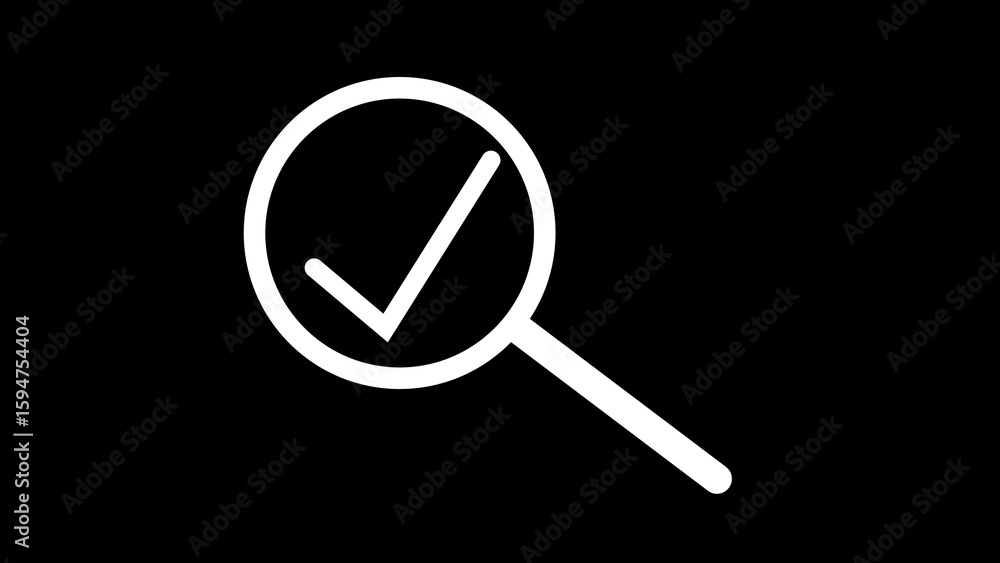 Poster white magnifying glass icon with check mark symbol on black background simple line art graphic eleme