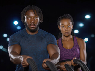 African American man and woman engaged in intense workout, using battle ropes in a gym, showcasing strength and determination in a dynamic fitness environment