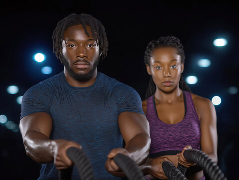African American man and woman engaged in intense workout, using battle ropes in a gym, showcasing strength and determination in a dynamic fitness environment