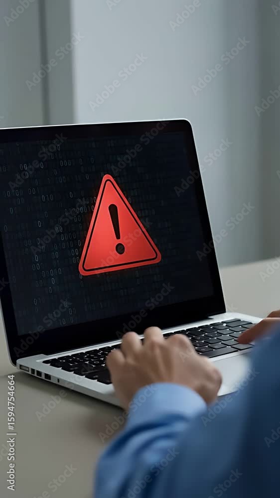Poster cyber security warning: a 30s white man encounters online threat with red exclamation icon on laptop