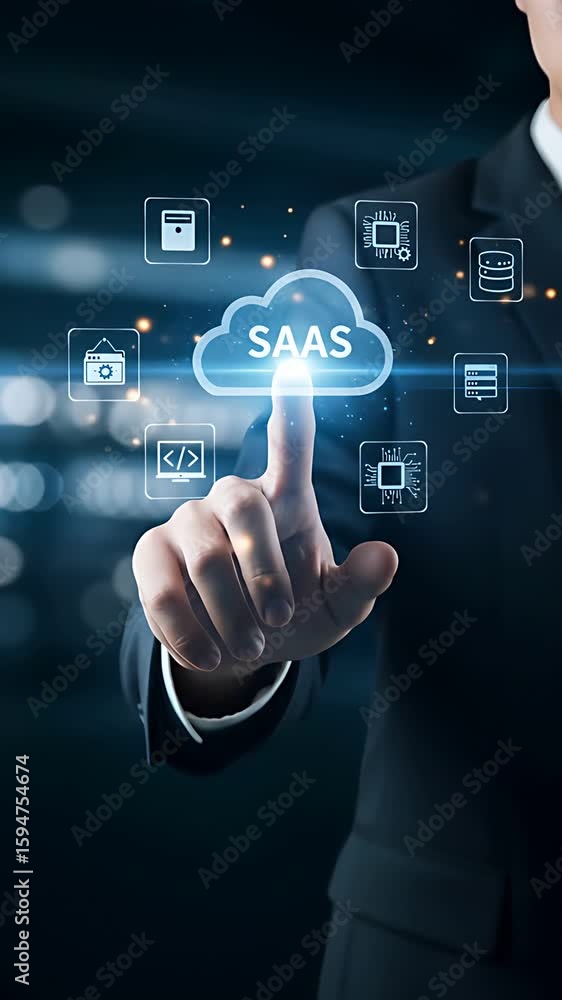 Poster saas cloud solution: businessman in suit selecting cloud-based software services with technology ico
