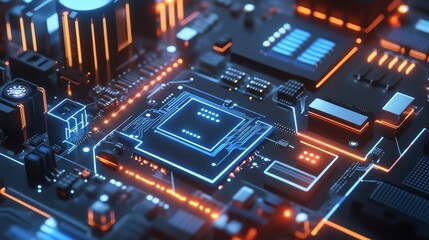Obraz premium A photo-realistic depiction of an electrical system in a smart home hub, featuring a circuit board, chips, and a Wi-Fi module.