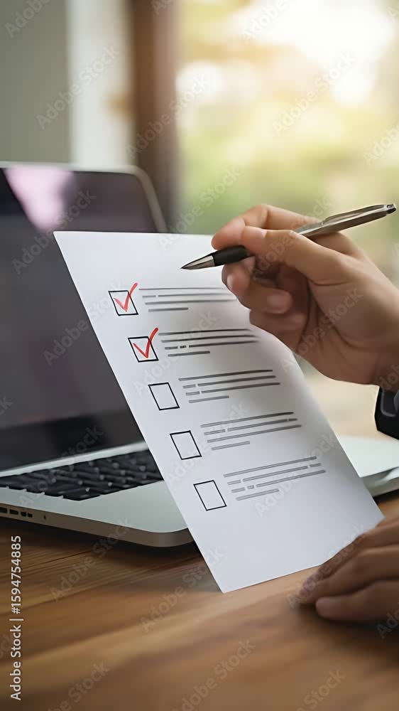 Aufkleber task completion: a man in his 20s marks off items on a checklist at a desk, demonstrating organizati