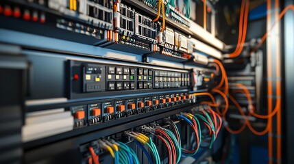 Photo-realistic wiring system inside an electrical control panel, featuring clear color-coded cables and organized labels for easy identification.