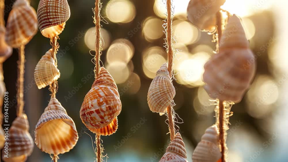 Poster sunlit seashells strung on twine create a charming coastal decor with bokeh background, sunlit seash