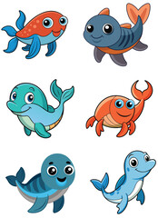 Fototapeta premium Sea fish and animal icon set 