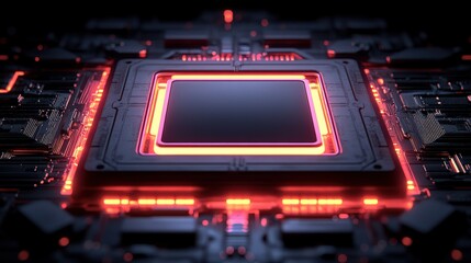 Obraz premium Intricate microchip design illuminated by vibrant red lights showcasing cutting-edge technology