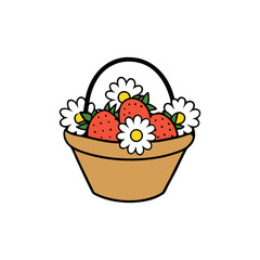 Summer Basket Illustration with Strawberries and Natural Floral Decor