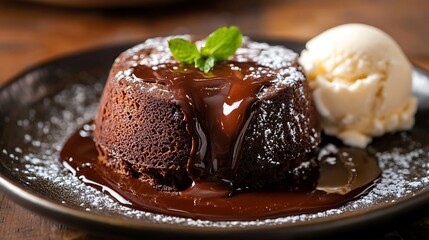 Chocolate Lava Cake with Vanilla Ice Cream and Mint Garnish