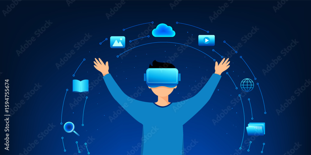 Aufkleber man wearing vr and ar glasses demonstrates how virtual reality technology works, representing the in