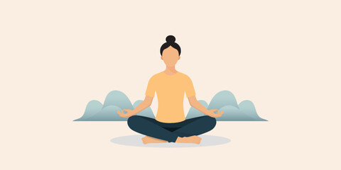 Woman meditating, taking care of her mental health, to gather her thoughts and think about her goals. She is sitting cross-legged, the background shows tranquility without disturbing others.