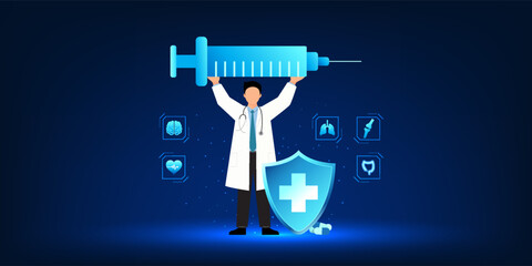 Medical technology, a doctor holding a syringe, represents the invention of medicine to treat patients, leading to the development of new and effective medicines and treatments for emerging diseases.