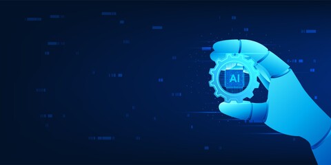 Agent AI Robotic hand holding a chip. Artificial intelligence represents AI technology embedded in modern hardware to automatically process and scan data. Intelligent systems