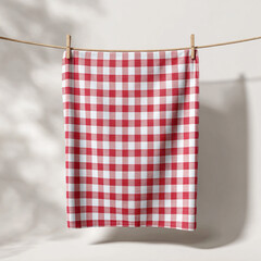 Red and white gingham fabric hanging on clothesline