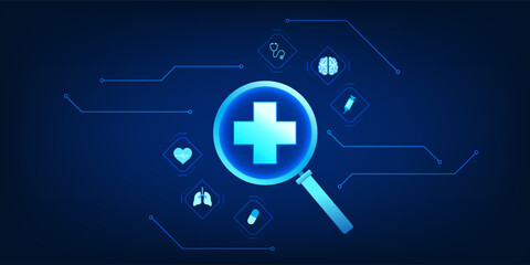 Health care technology Magnifying glass used to view medical icons, showing technology and medicine that helps find new treatment and diagnosis information for patients.